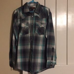 Grey, white, teal long sleeved pearl snap shirt
